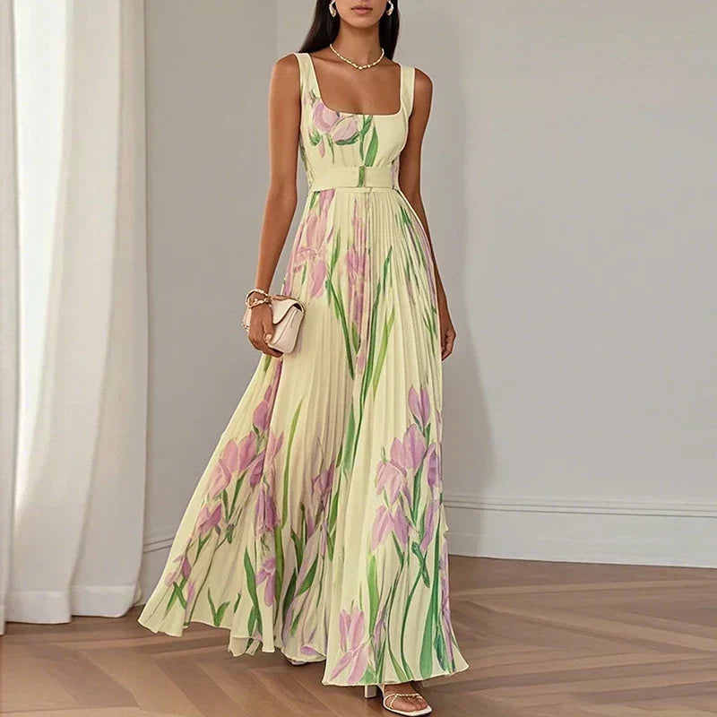 Vestido largo floral con cuello cuadrado y cintura alta