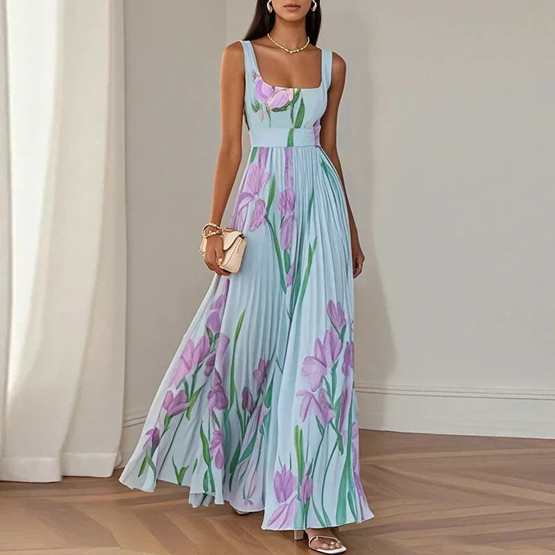 Vestido largo floral con cuello cuadrado y cintura alta