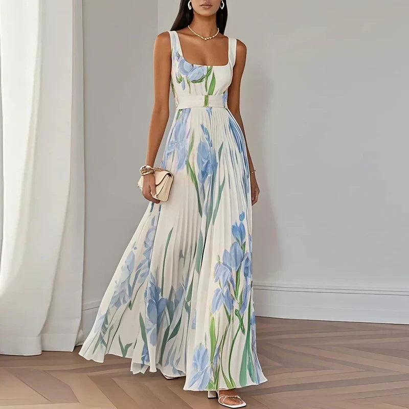 Vestido largo floral con cuello cuadrado y cintura alta