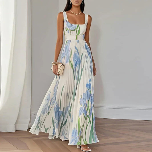 Vestido largo floral con cuello cuadrado y cintura alta