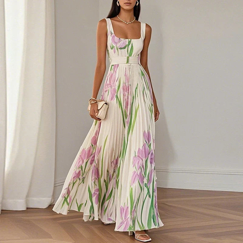 Vestido largo floral con cuello cuadrado y cintura alta